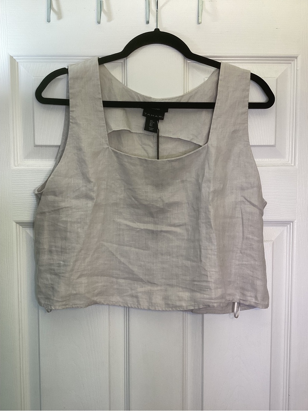 Tahari Linen Square Neck Crop Tank Top — Light Taupe, size Large (runs small)